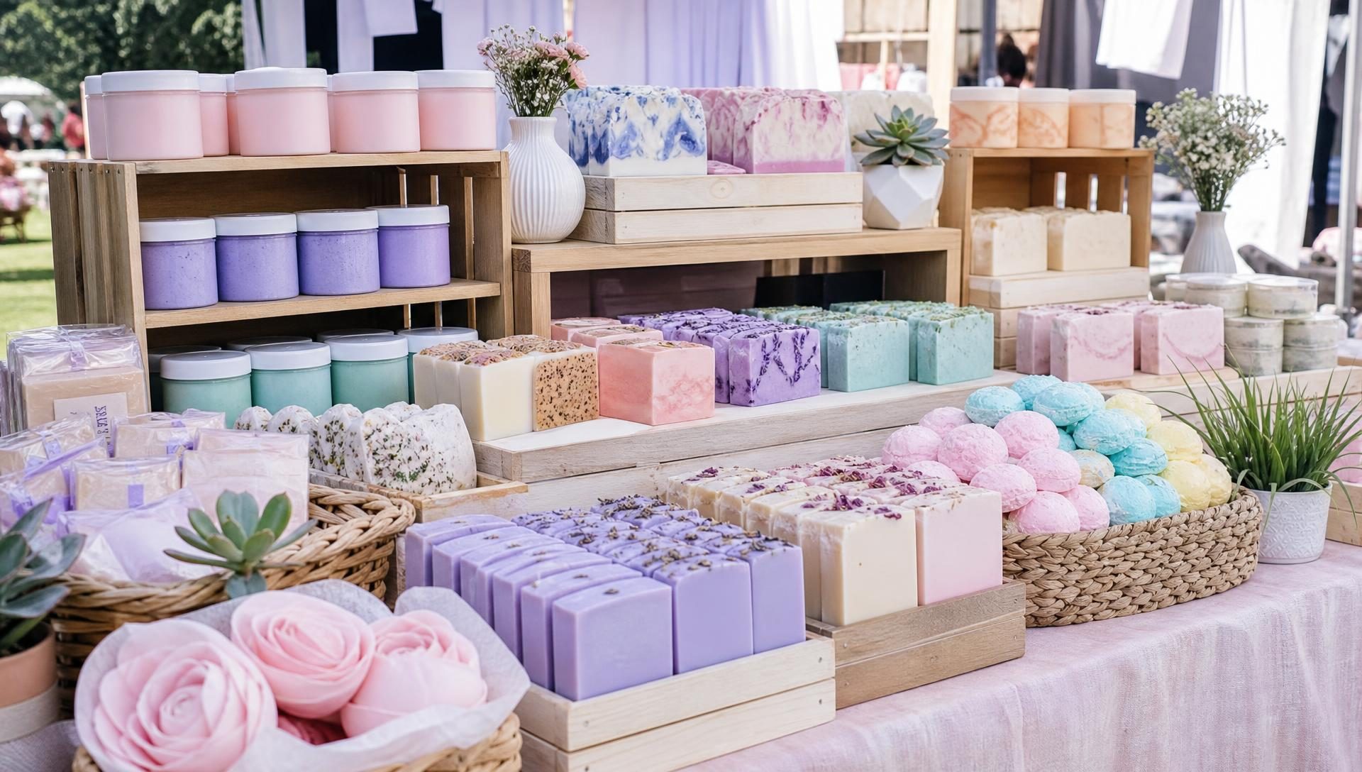 Pastel handmade soaps and scrubs arranged on a pop-up market table