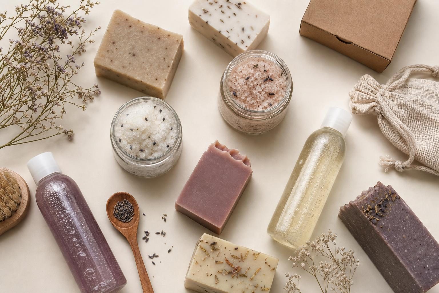 Soap molds, dried flowers and mixing tools laid out on the studio table