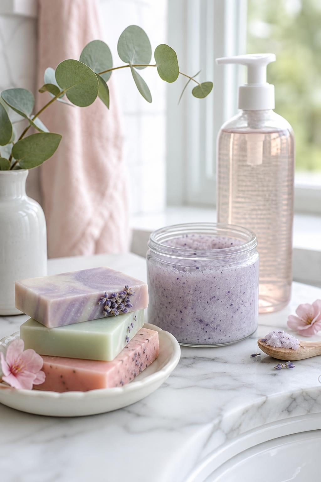 Handmade pastel soaps, sugar scrub and body wash styled on a bright bathroom counter