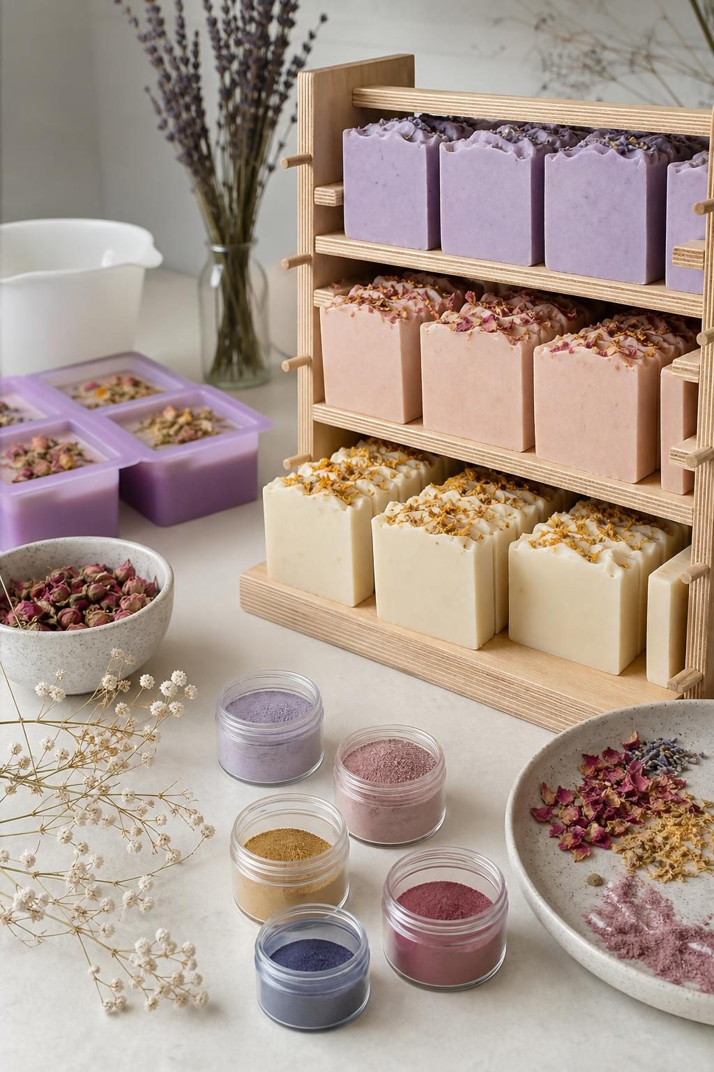 Small batch pastel soap bars curing on a wooden rack in the studio