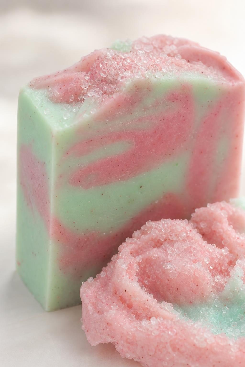 Close detail of a pink and mint swirled handmade soap bar with sugar scrub