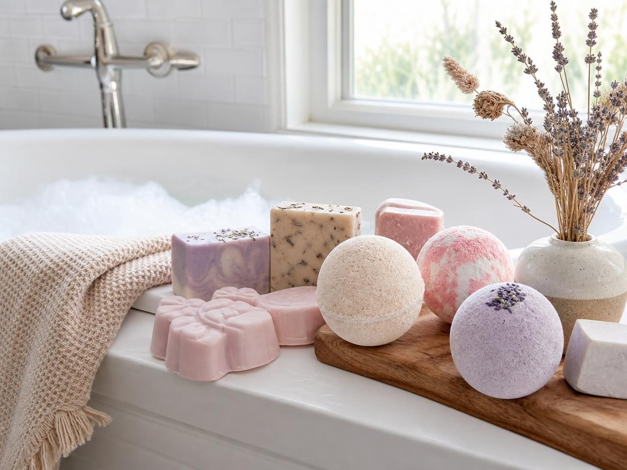 Pastel bath products styled on a bright bathtub edge